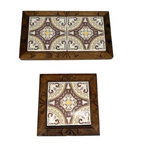 Vintage Mexican Tile Wood Framed Trivet Set Vintage MEXICO Folk Art TILE WOOD